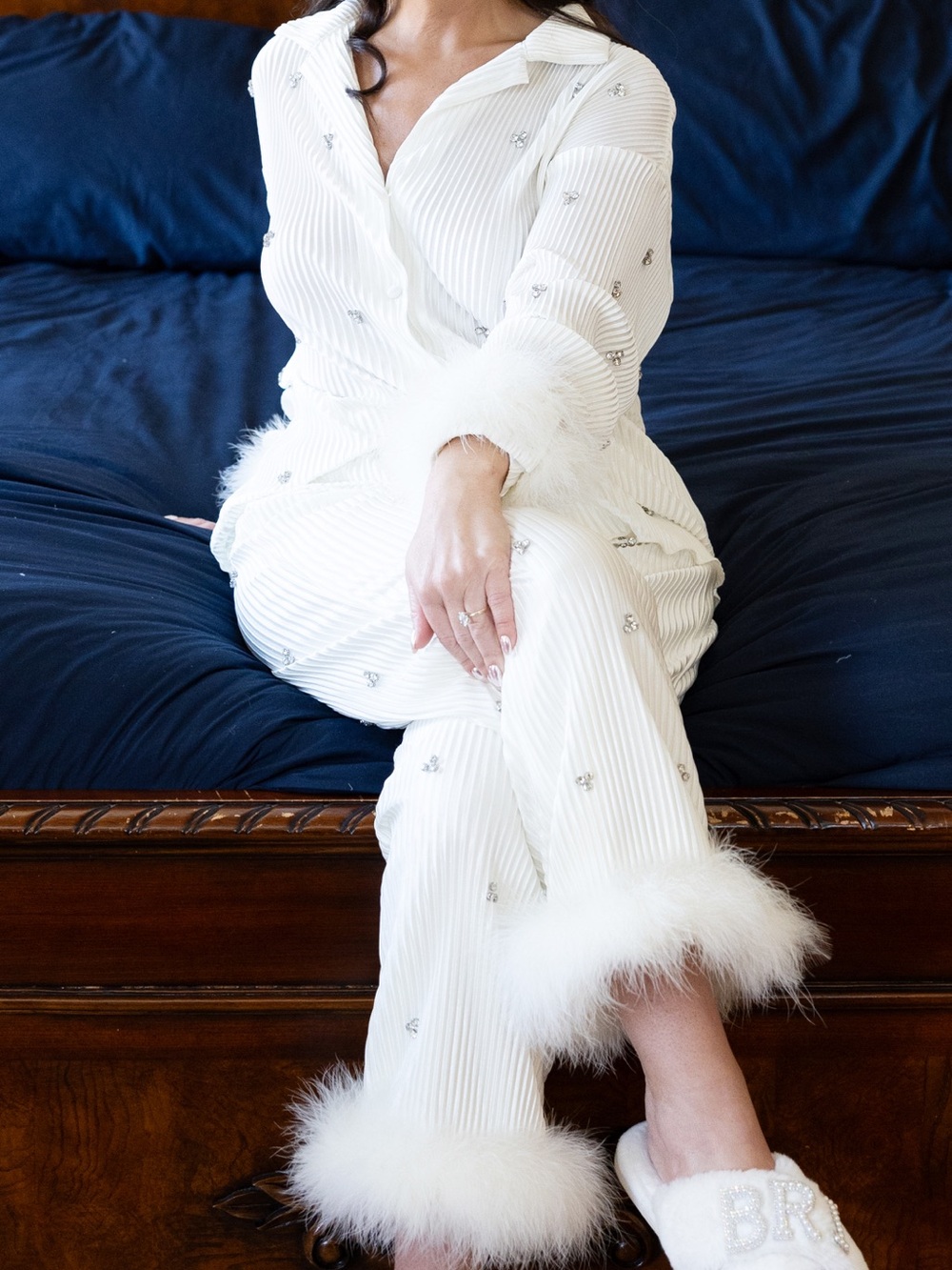 Crystal-Embellished Ivory Feather-Trim Ribbed Pajama Set
